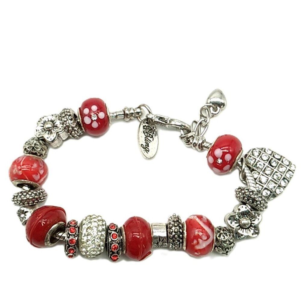 Bling Silver-tone & Red Beaded Charm Slider Bracelet on Snake Chain NWOT